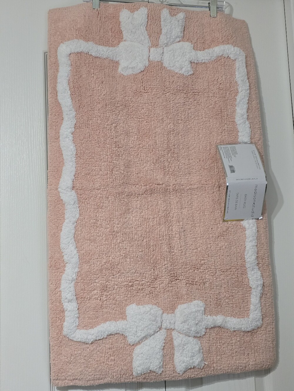 NWT~ Madison Studio Pink Rug with White Bow Accents 100% Cotton Rug 21x34
